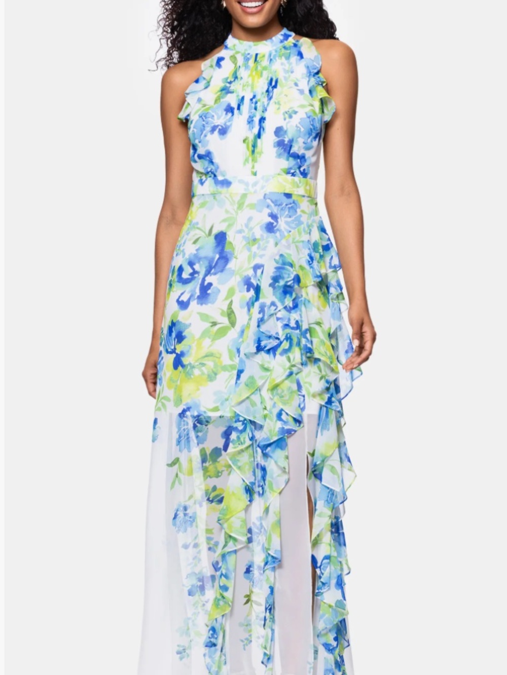 Betsy & Adam Print Ruffle Sleeveless Gown 10